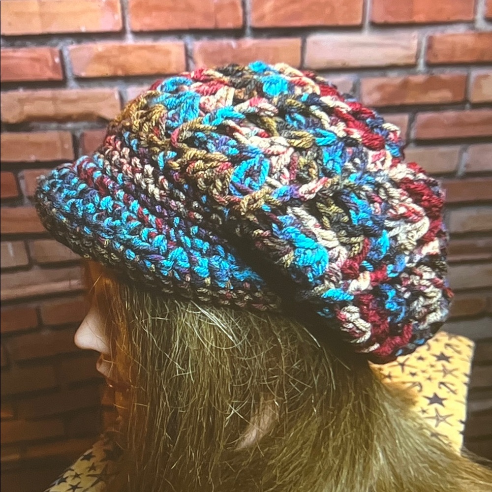 👒 Handmade Oversized Slouch Beanie w/Shield — Turquoise/Red/Blue — NWOT